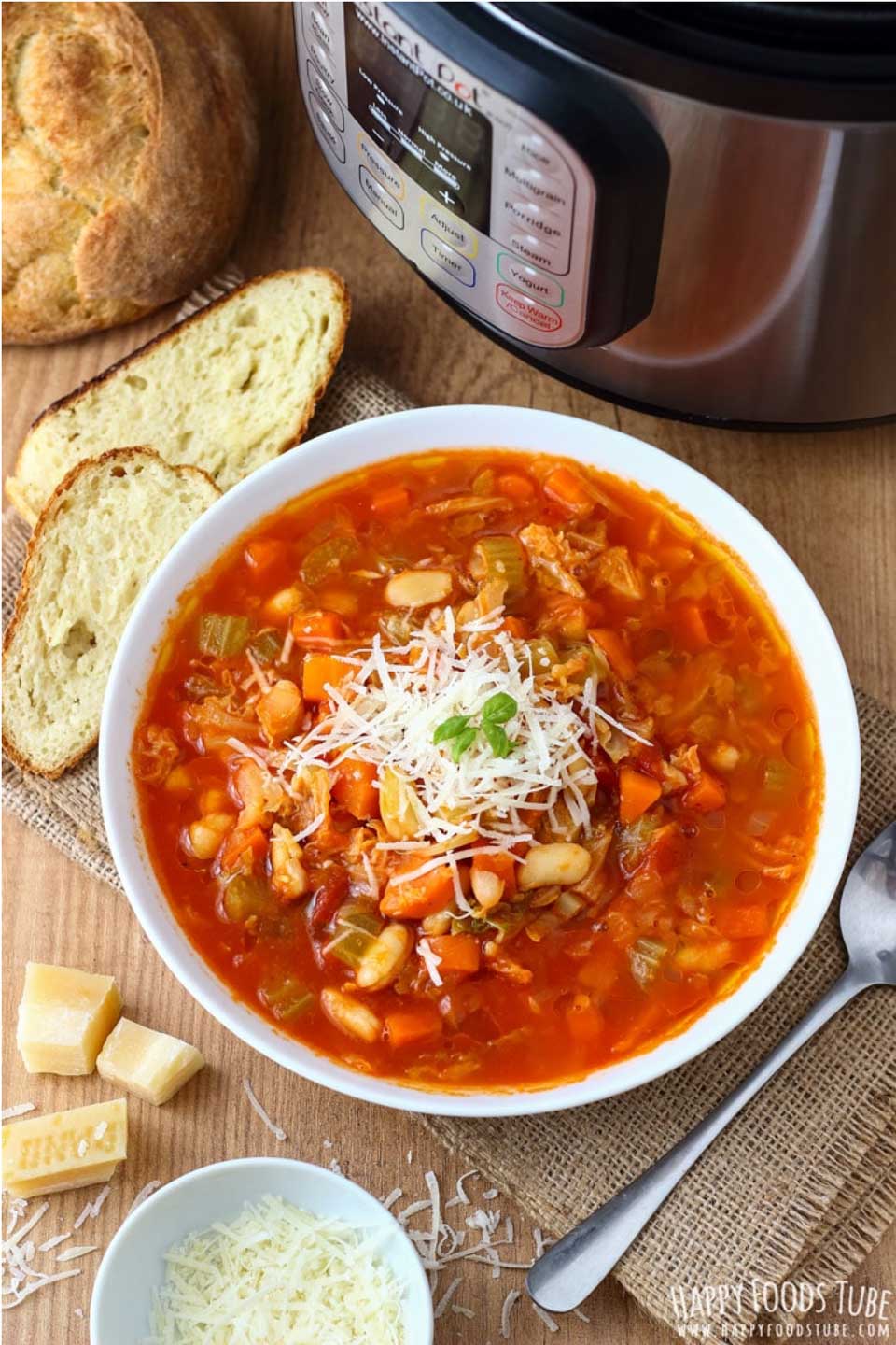 Instant Pot Minestrone Soup from Julia at Happy Foods Tube can be made vegetarian or vegan. Just one of the scrumptious Instant Pot soups in our line-up of must-try, meat free pressure cooker soup recipes!