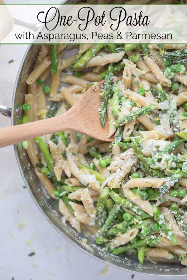 So easy (just one pot!), with such amazing flavors! This One-Pot Whole-Wheat Pasta with Asparagus, Peas and Parmesan is a 30-minute dinner that’s true comfort food, full of bright, fresh flavors! Bonus: this vegetarian skillet meal comes together so simply and can even be made ENTIRELY ahead and quickly reheated on busy evenings! | one-pot pasta | whole-wheat pasta recipes | pasta with asparagus | #easydinner #30minutemeal #vegetarian #skilletmeal #MeatlessMondays | www.TwoHealthyKitchens.com