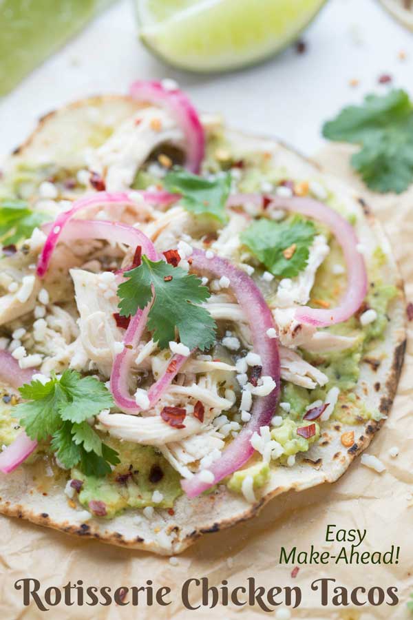 Easy, unique, make-ahead tacos! These Rotisserie Chicken Tacos have big, delicious flavors, but can be completely prepped ahead and assembled at the last minute on busy evenings! Switch up the salsa and cheese to create a fun taco bar for parties, tailgating, and Cinco de Mayo, or a fun Taco Tuesday dinner! Rotisserie chicken is an easy shortcut to a yummy chicken dinner recipe! #taco #tacos #TacoTuesday #mexicanrecipes #chickendinner #chickenrecipes #makeaheadmeals | www.TwoHealthyKitchens.com