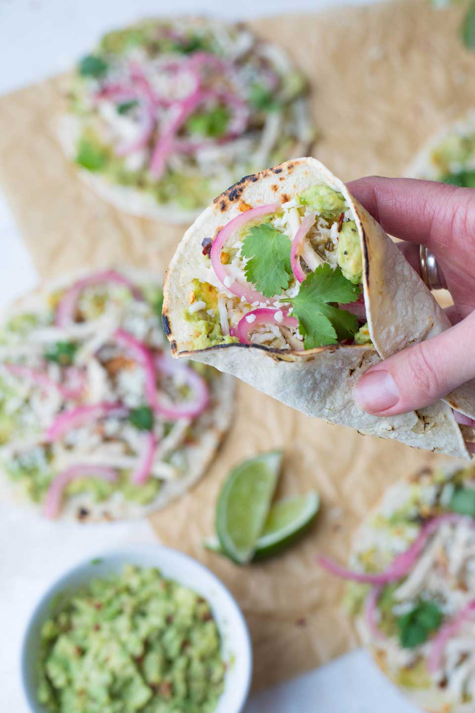 Tacos with rotisserie chicken? What could be easier? And with all these scrumptious toppings choices, what could be more delicious? This recipe will be your new go-to make-ahead meal!