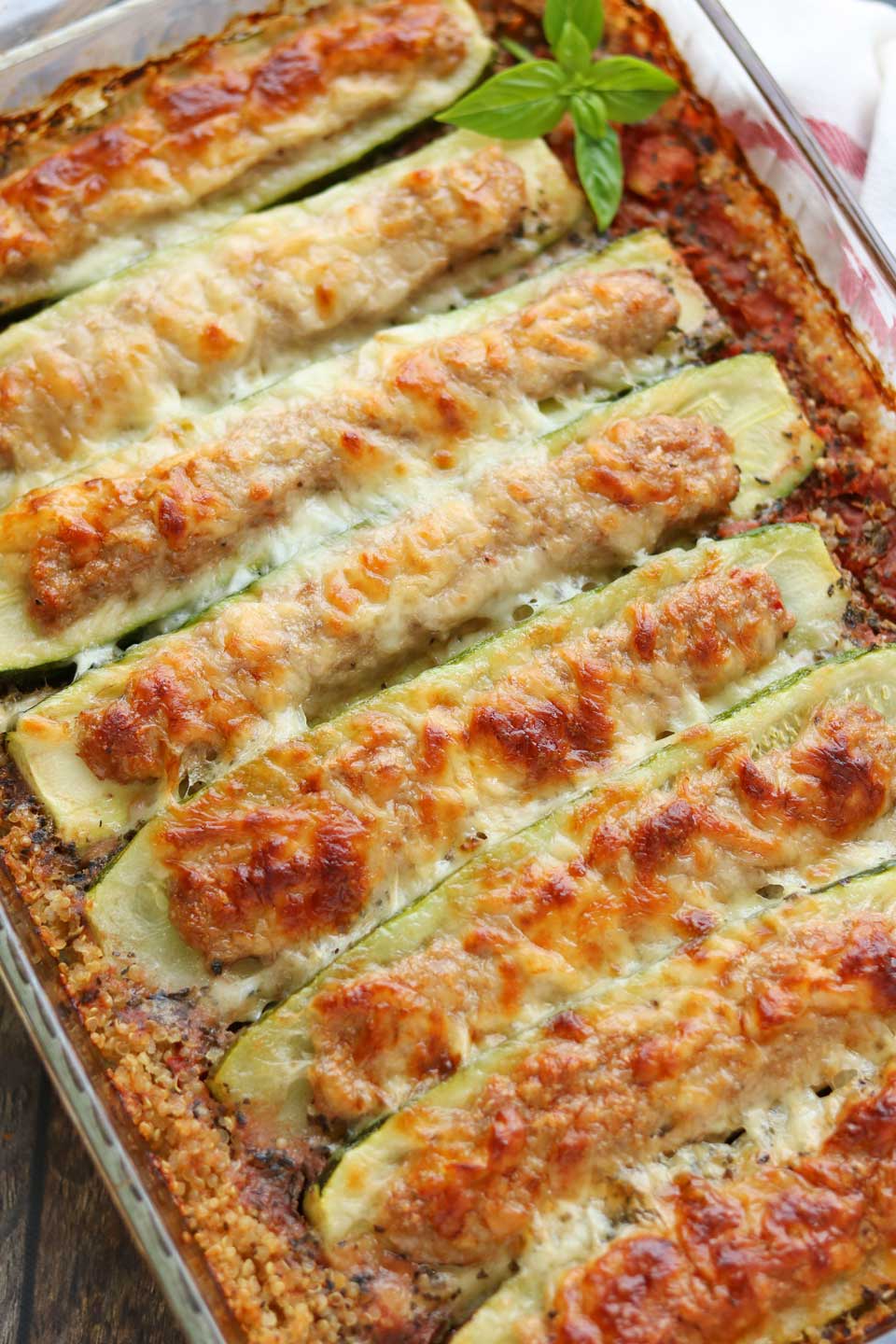 A one-pot wonder, for sure! This delicious sausage-filled Stuffed Zucchini Boats recipe includes a bed of quinoa that you mix up right in the pan, before layering on the stuffed zucchinis and sprinkling on the blend of Italian cheeses. Plus, this zucchini casserole can be entirely prepped ahead, making hectic dinnertime a whole lot easier!
