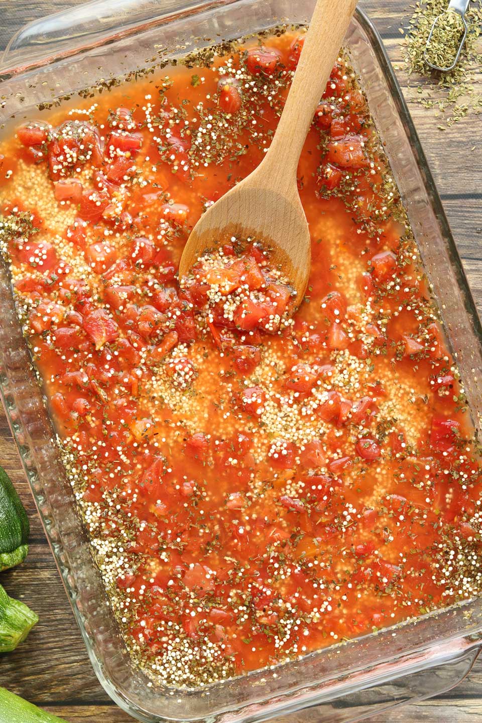 The perfect bed for our zucchini boats – we mix quinoa and tomatoes with Italian spices, stirring it up right in the baking dish for an easy one-pot dinner recipe that’s big on flavor but fast to throw together!