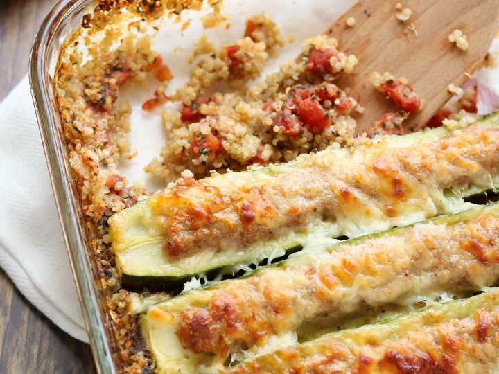 Stuffed Zucchini Boats Casserole With Italian Sausage And Quinoa Two Healthy Kitchens