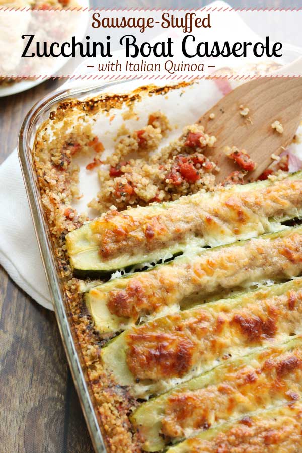Mix it up in one pan (no need to pre-cook the quinoa)! You can even prep this Italian Stuffed Zucchini Boats Casserole entirely ahead! Lots of shortcut steps, but still loaded with flavor and nutrition! This zucchini casserole features Italian-spiced quinoa and tomatoes, topped with sausage-stuffed zucchini boats, then sprinkled with an ooey-gooey blend of Italian cheeses – easy and delicious! | #casserole #quinoa #zucchini #dinnerrecipes #healthyitup #healthyrecipes | www.TwoHealthyKitchens.com