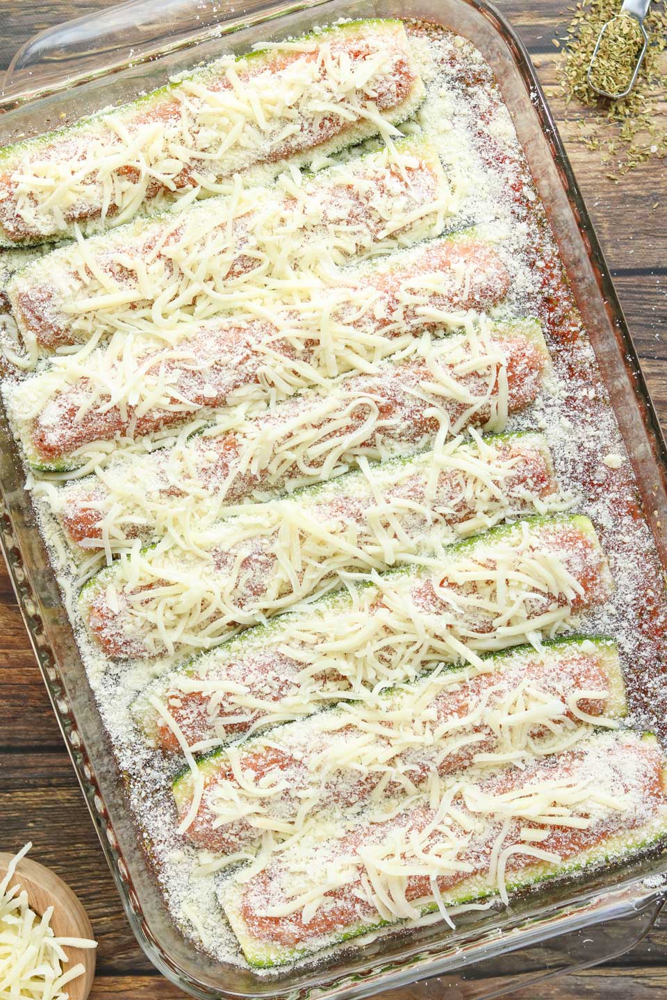 Just before baking this zucchini casserole, we layer on a delicious mix of Italian cheeses. They turn ooey-gooey golden brown in the oven – the perfect topping for our sausage-stuffed zucchini boats!