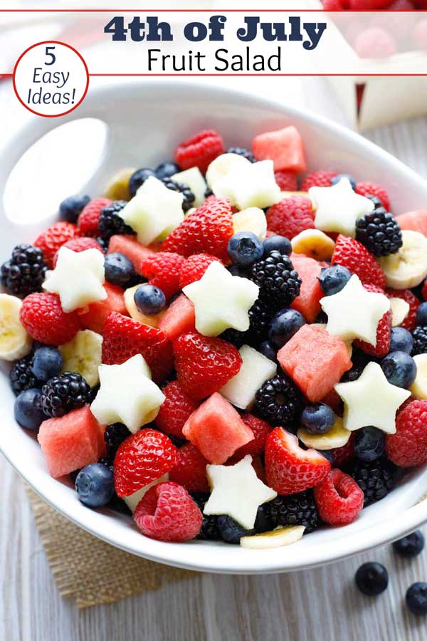 Simple but gorgeous! Plus we’ve got 4 more Easy Showstopper Fruit Salads, all decked out in Red, White and Blue: a layered fruit salad, flag fruit salad, even fruit centerpieces! Sure to be a smash hit at all your summer parties - from Memorial Day and 4th of July, to Labor Day and Flag Day! Choose from super-basic ... to full on WOW factor - depending on how much time you've got! | #4thofJuly #fourthofjuly #picnic #patriotic #IndependenceDay #fruits #salads | www.TwoHealthyKitchens.com