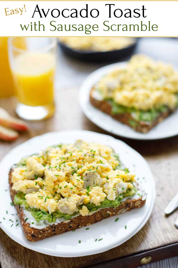 Fuel up in under 10 minutes with this quick breakfast recipe! This Breakfast Avocado Toast with Egg and Sausage has hearty toast, topped with tangy cream cheese and rich, creamy avocado ... and then with a fluffy, delicious sausage and egg scramble. So healthy and satisfying! Make this EASY breakfast recipe to power you through a busy day, or for a quick but impressive weekend brunch! | #avocado #avocadotoast #eggs #breakfast #brunch #healthyrecipes #healtheating | www.twohealthykitchens.com