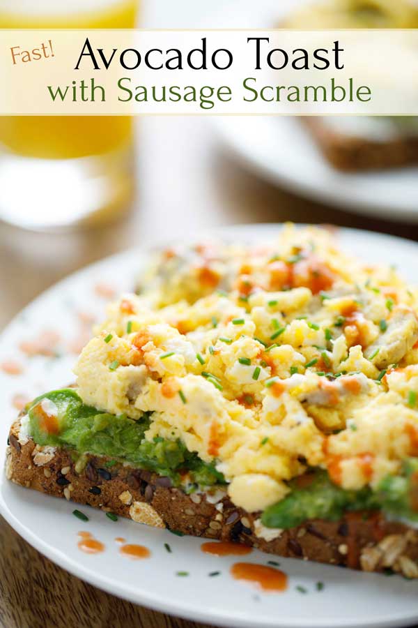 Super fast, but you’ll be fueled up for HOURS! This quick Breakfast Avocado Toast with Egg and Sausage take less than 10 minutes! Hearty toast is topped with tangy cream cheese and rich, creamy avocado ... and then with a fluffy, flavorful sausage and egg scramble. Really healthy and satisfying! Make this EASY breakfast recipe to power you through a busy day, or for a relaxed but trendy weekend brunch! | #avocado #avocadotoast #eggs #breakfast #brunch #healthyrecipes | www.twohealthykitchens.com