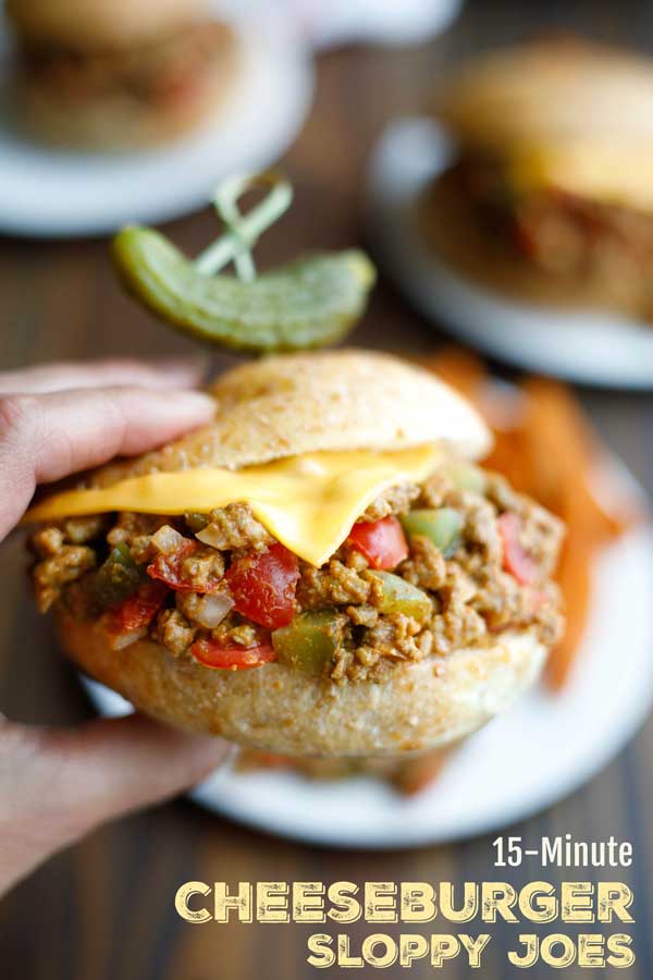 A deliciously fun twist on two dinnertime favorites – juicy cheeseburgers meet easy sloppy joes! BONUS: these Cheeseburger Sloppy Joes are on the table in about 15 minutes! You can even make this sloppy joe recipe ahead for quick dinners and meal prep for the week. Or you can freeze the ground beef mixture to stockpile lightning fast-dinners for months! | 30 minute meals | freezer meals make ahead | easy dinner recipes | meal prep recipes | #sloppyjoes #cheeseburger | www.TwoHealthyKitchens.com