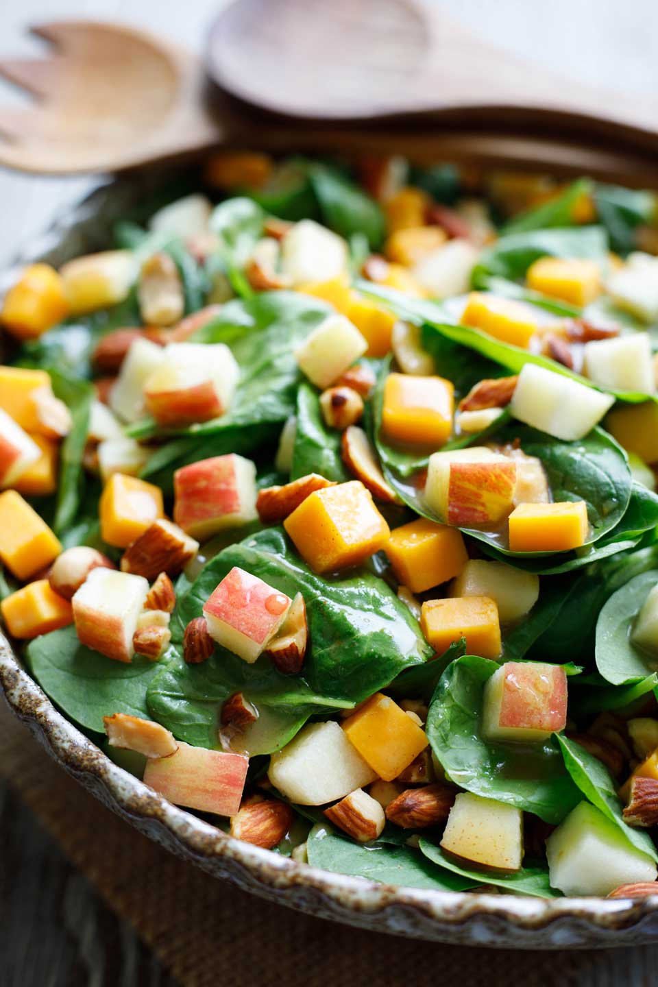 Best Thanksgiving Side Dish Recipes: Spinach Salad with Apples, Cheddar and Smoked Almonds from Two Healthy Kitchens