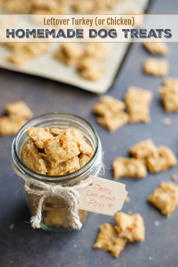 Easy DIY gift for your pup! These simple Homemade Dog Treats feature just 4 simple ingredients (including leftover Thanksgiving turkey, or leftover chicken - a perfect way to use up those leftovers)! They’re picky-dog approved, too. And, they freeze great - bake them ahead for quick, darling DIY holiday gifts for all the special dogs in your life! | diy Christmas gifts | diy gifts | dogs | dog gifts | dog treats homemade | dog biscuit | #DIY #gift #dogs #recipe | www.TwoHealthyKitchens.com