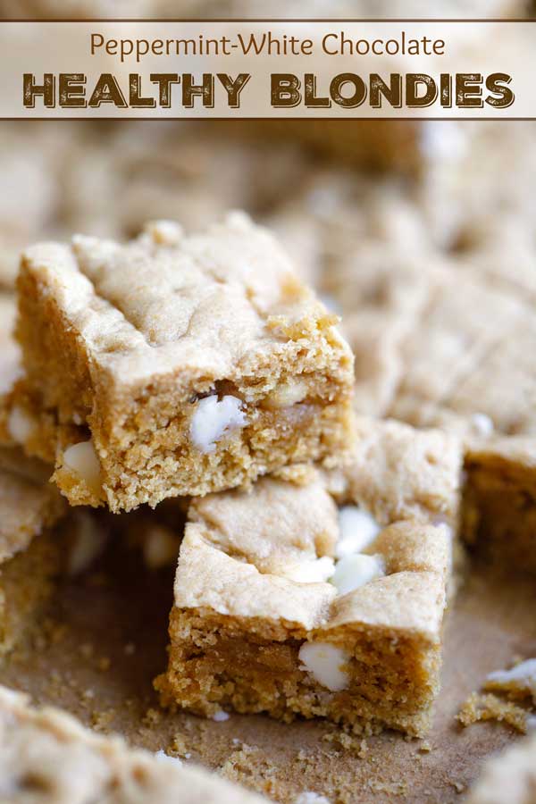 Decadently crumbly, chewy, dense and cake-y! These decadent "chickpea" blondies magically replace most of the butter in "typical" blondies recipes with a clever chickpea puree that slashes fat and adds nutritious protein and fiber! A guilt-free indulgence you'll crave all year 'round, with a peppermint-white chocolate flavor combo that's perfect at the holidays! Try them and you’ll be surprised how fantastic a healthier blondies recipe can taste! | chickpea blondies | www.TwoHealthyKitchens.com