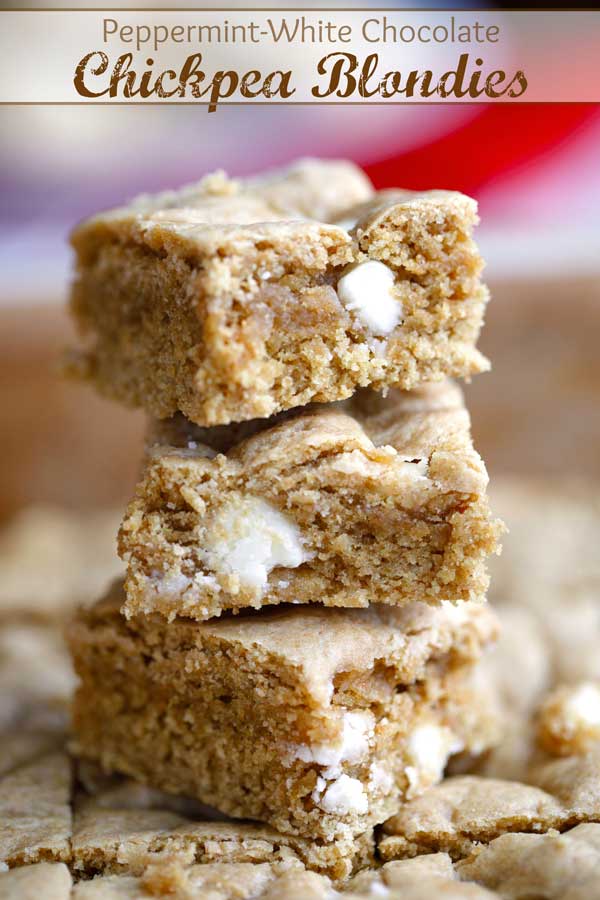 Surprisingly decadent! Dense, moist and chewy like a “typical” blondie cookie bar recipe, but these healthy blondies are secretly lower in fat, and higher in protein and fiber! Try these Peppermint-White Chocolate Chickpea Blondies at the holidays, or any time you crave a healthy treat, all year 'round! BONUS: They freeze well, too – so it’s easy to keep a stash on hand! | blondies healthy recipe | #healthy #blondies #cookies | www.twohealthykitchens.com