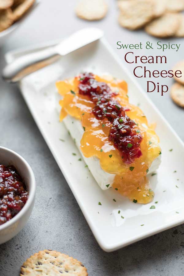 Everyone asks for this recipe! This Sweet & Spicy Cream Cheese Dip appetizer absolutely disappears, every time I serve it! Just keep a few ingredients on hand, and it’s a total snap to throw together (like ... 3 minutes flat)! Great for picnics and potlucks, tailgates and sports parties ... even as a fancy, finger-food appetizer (we've got tips for that, too)! | cream cheese recipes | cream cheese appetizer easy | pepper jelly and cream cheese | appetizers for party | www.twohealthykitchens.com