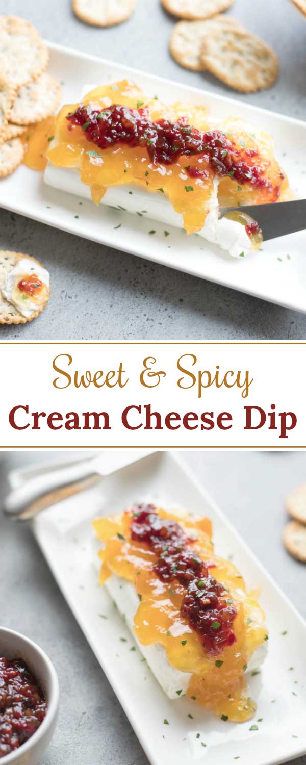 Everyone LOVES this dip and asks for the recipe! This Sweet & Spicy Cream Cheese Dip appetizer quickly disappears, every time! Just keep a few ingredients on hand, and it’s a total snap to throw together (like ... 3 minutes flat)! Great for picnics and potlucks, tailgates and sports parties - even as a fancy, finger-food appetizer (we've got tips for that)! | cream cheese recipes | cream cheese appetizer easy | pepper jelly and cream cheese | appetizers for party | www.twohealthykitchens.com