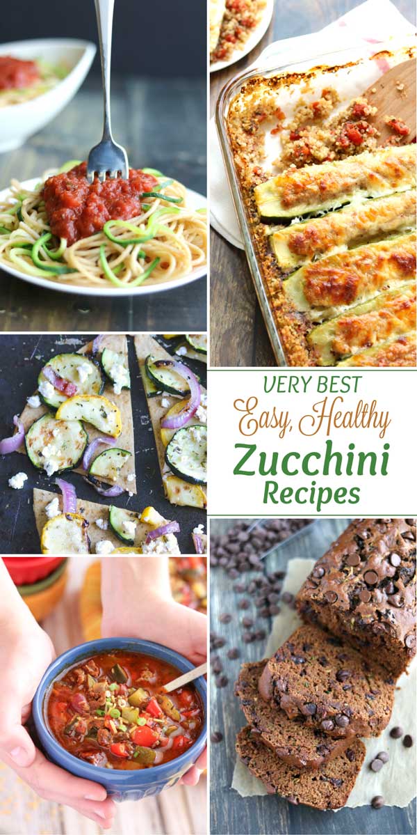 Got extra zucchini to use up? Not to worry! These Healthy, Easy Zucchini Recipes are just what you need! From simple Zoodles, a unique Cherry-Chocolate Zucchini Bread, and a decadent Almond Joy Zucchini Cake … to an easy Zucchini Boats Casserole, a contest-winning chili, and even a super-easy grilling idea (and more!). So much delicious inspiration - you’ll actually be HOPING your zucchini plants take over the whole garden this year! | zucchini recipes healthy | www.TwoHealthyKitchens.com