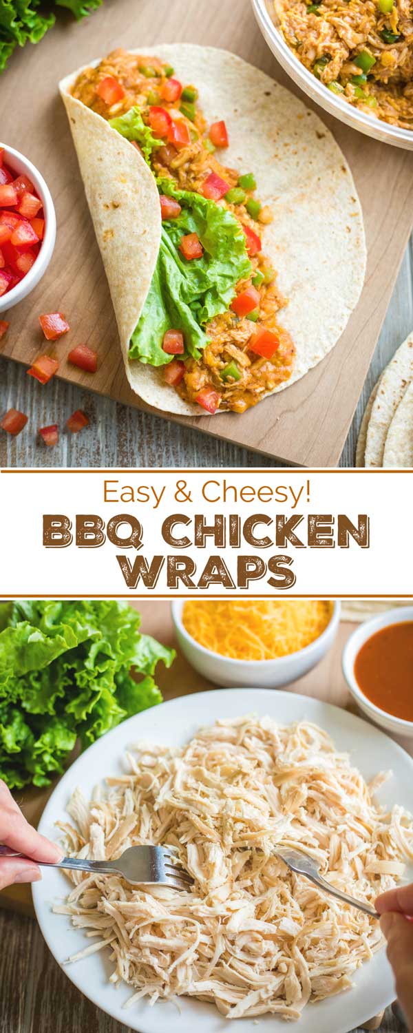 collage with two photos of preparing the wraps with text overlay reading "Easy & Cheesy! BBQ Chicken Wraps"