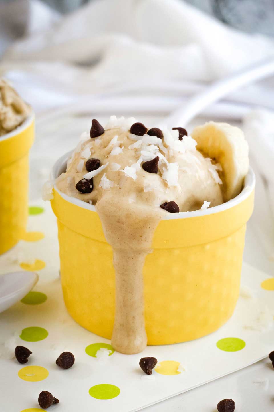 little yellow bowl filled with homemade Peanut Butter-Banana Ice Cream