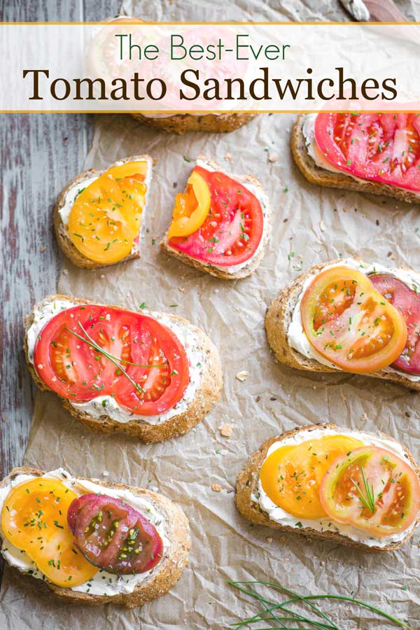 7 different open-face sandwiches with the text "The Best-Ever Tomato Sandwiches"