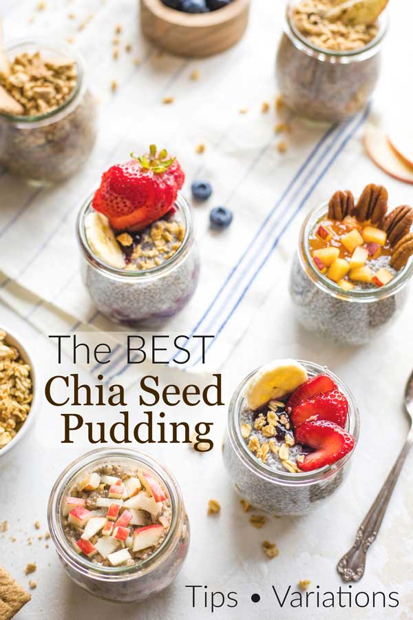 pinnable image of Chia Seed Pudding in little jars with various toppings