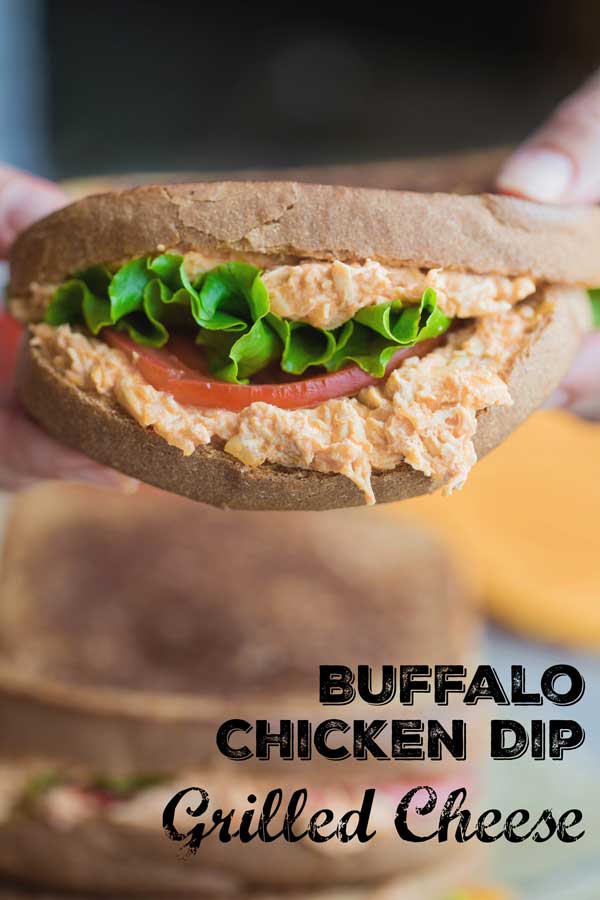 hand holding sandwich sideways, so buffalo chicken dip filling is really evident