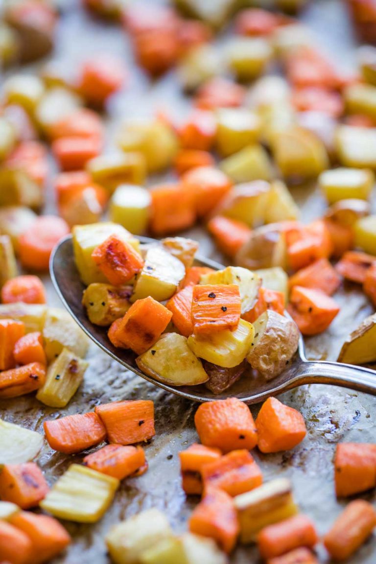 Roasted Root Vegetables with Honey-Dijon Drizzle - Two Healthy Kitchens