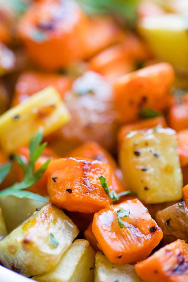 Roasted Root Vegetables with Honey-Dijon Drizzle - Two Healthy Kitchens
