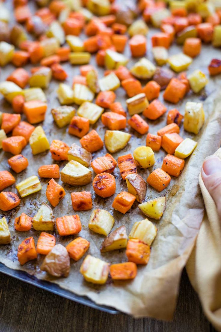 Roasted Root Vegetables with Honey-Dijon Drizzle - Two Healthy Kitchens