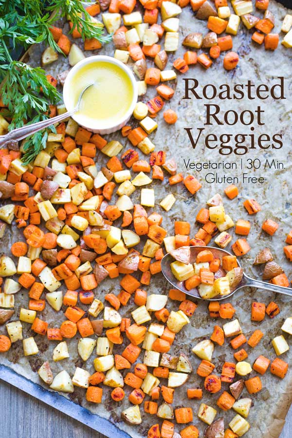 roasted vegetables on sheet pan with text overlay saying this recipe is vegetarian, gluten free and 30 minutes