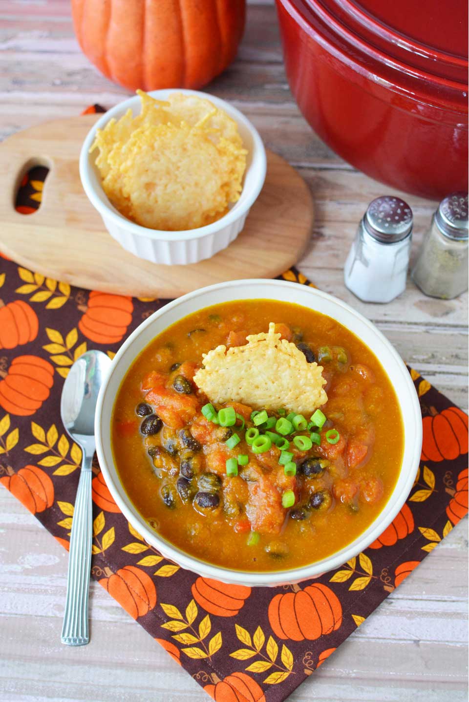 Easy Pumpkin Black Bean Soup with Parmesean Cheese Crackers