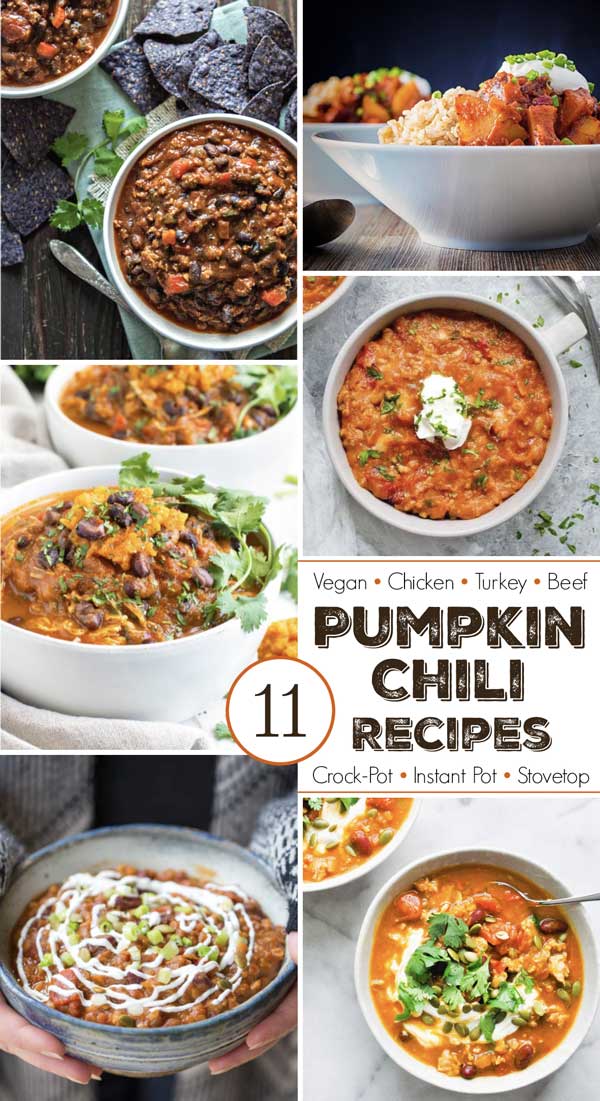collage of 6 photos of the pumpkin chili recipes featured in this post