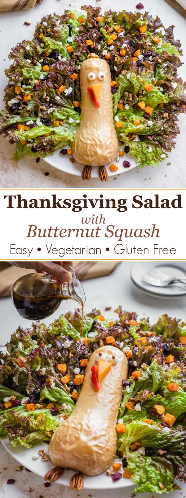 collage of two salad photos with text overlay "Thanksgiving Salad with Butternut Squash (Easy, Vegetarian, Gluten Free)