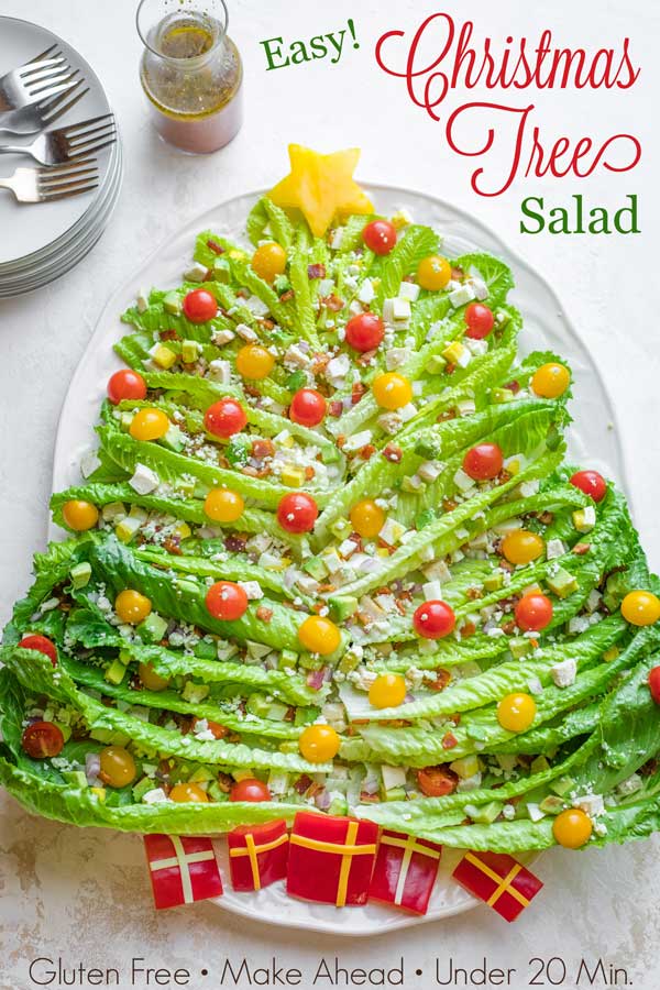 overhead of salad with text overlay that says "Easy! Christmas Tree Salad"