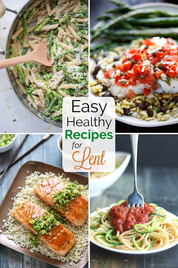 collage of four photos of recipes included in this post - two pasta recipes, and two fish recipes for Lent