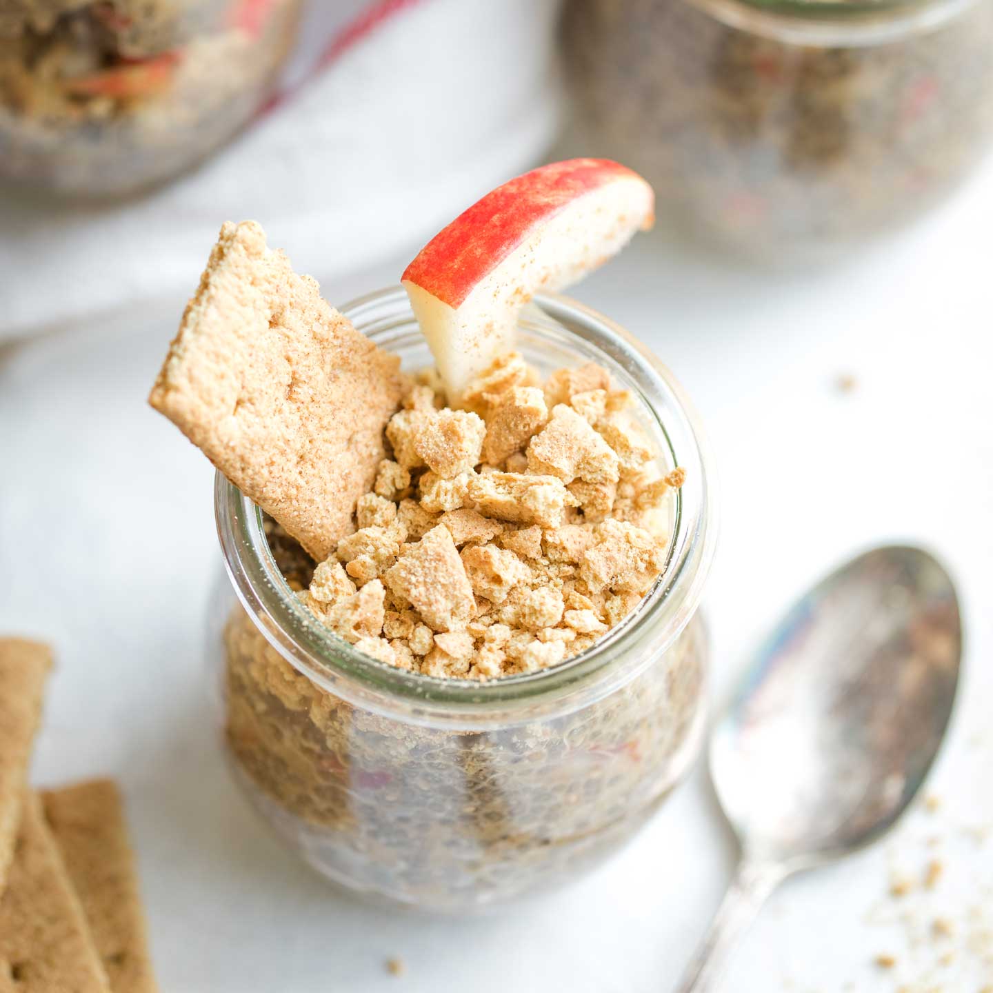 overhead of one little jar of this pudding, garnished with a graham cracker and an apple wedge