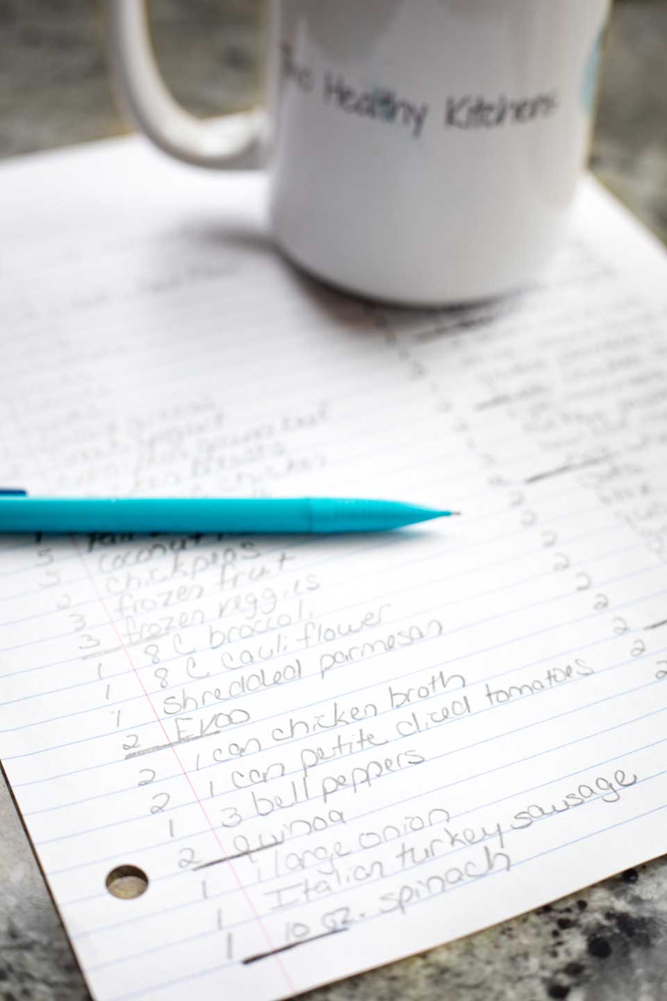 closeup of grocery list showing how to number items based on your store's zone and how to divide items into recipe groups