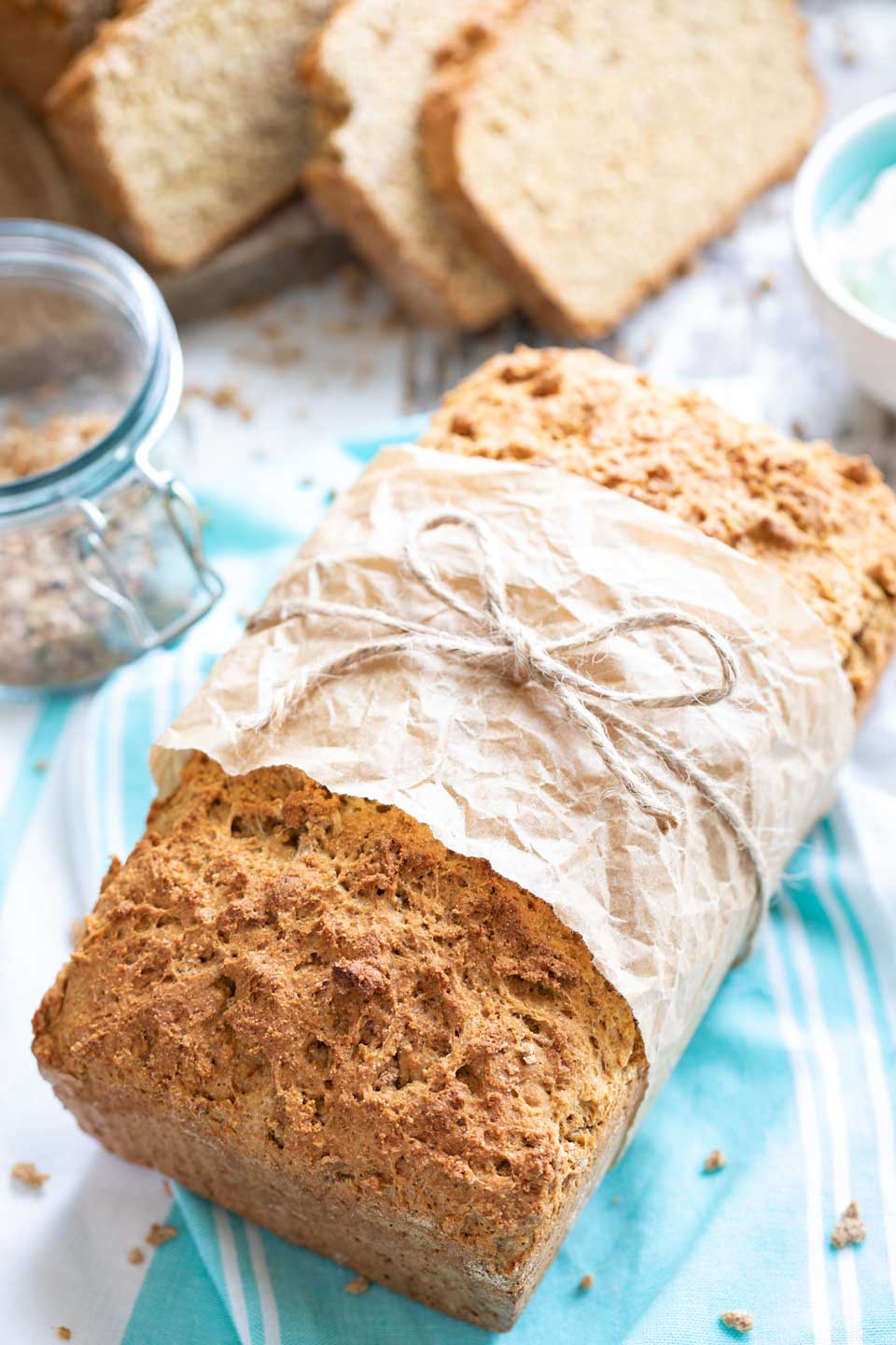 baked loaf of this no yeast bread, wrapped around the middle with a wide strip of brown parchment and tied with a little rope bow as a homemade gift