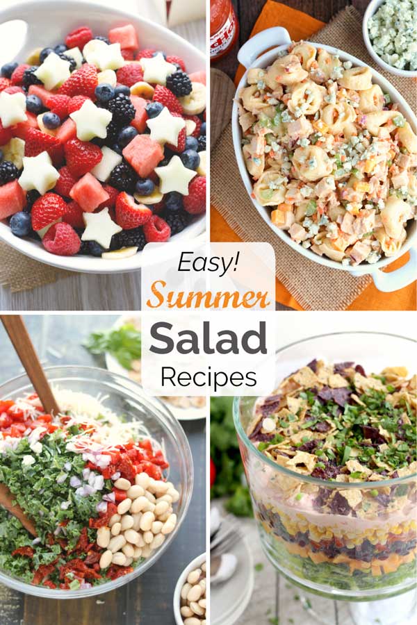 Collage of 4 recipes photos - a fruit salad, a pasta salad, a layered chicken salad, and a chopped salad with the text overlay "Easy! Summer Salad Recipes"