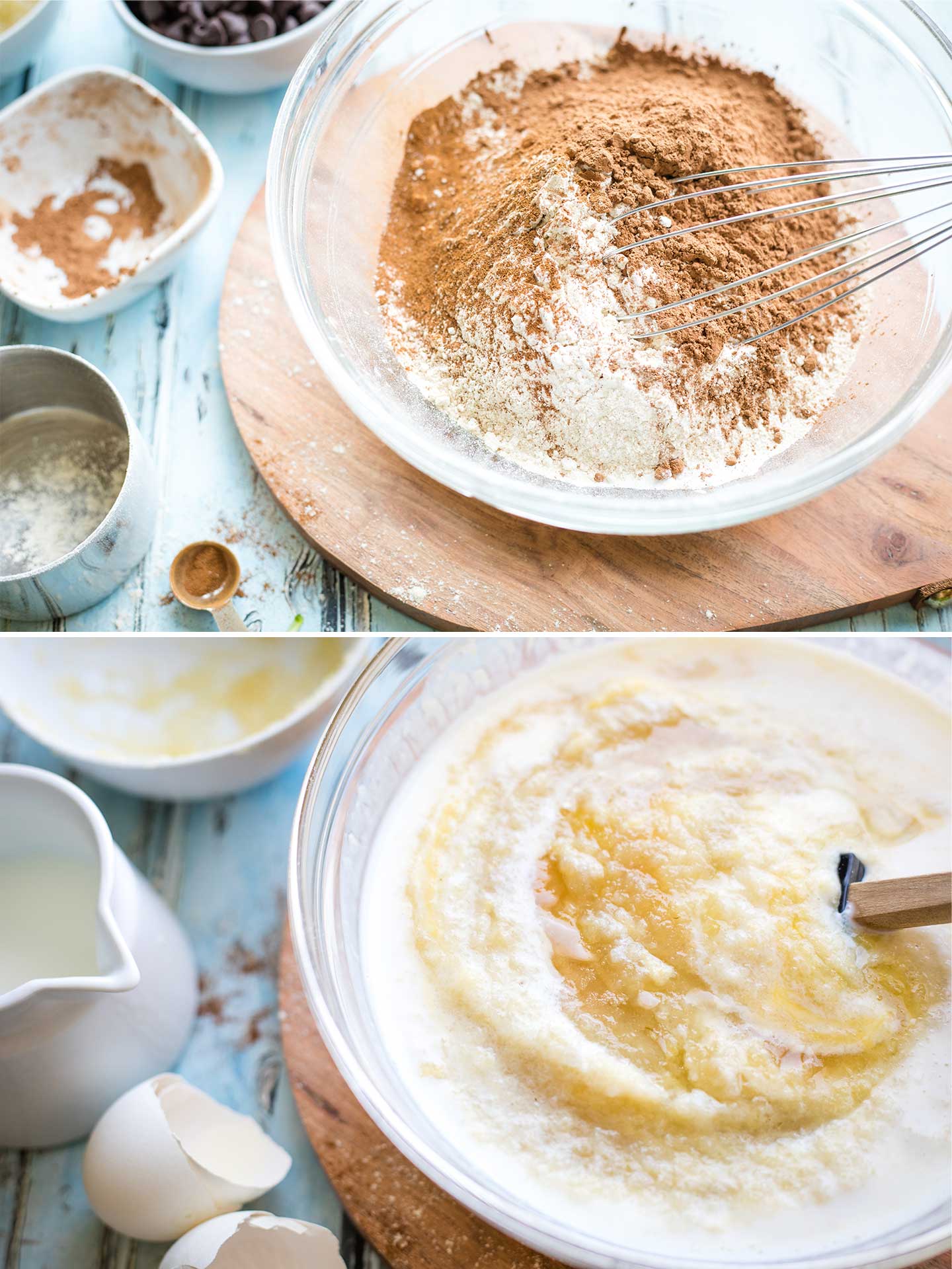 collage of two photos showing the muffin method, with one bowl for mixing dry ingredients and another bowl for the wet ingredients