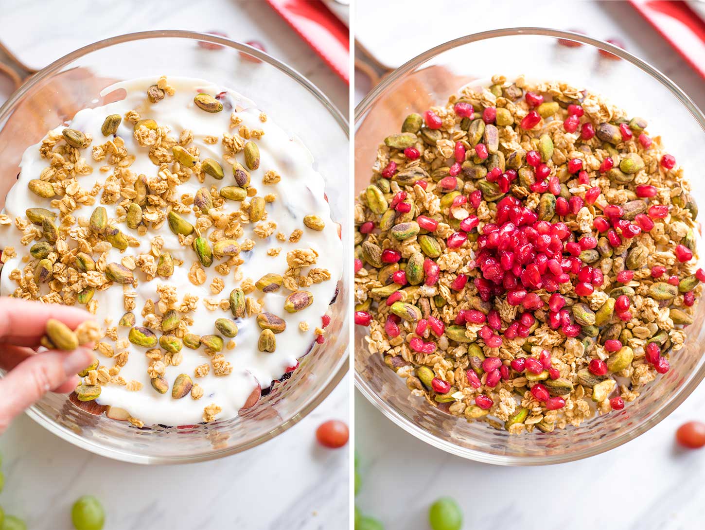 Collage of two overhead method photos, the first showing a hand just beginning to sprinkle pistachios and granola on the fruit salad, and the other showing the pomegranates on top of that.