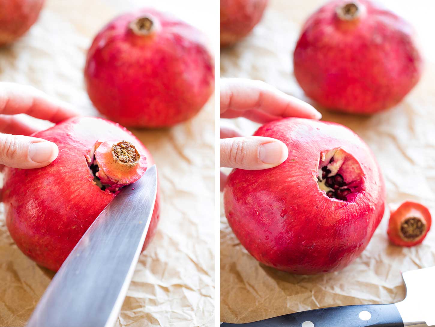 Collage of two photos showing how to cut out and remove the blossom end of the pomegranate.