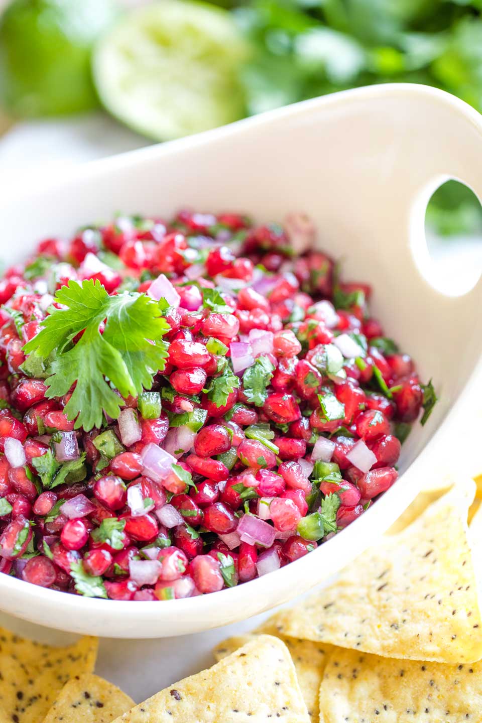 Pomegranate Salsa recipe, ready to serve with a cilantro leaf garnish, and yellow tortilla chips surrounding it, ready for the party.