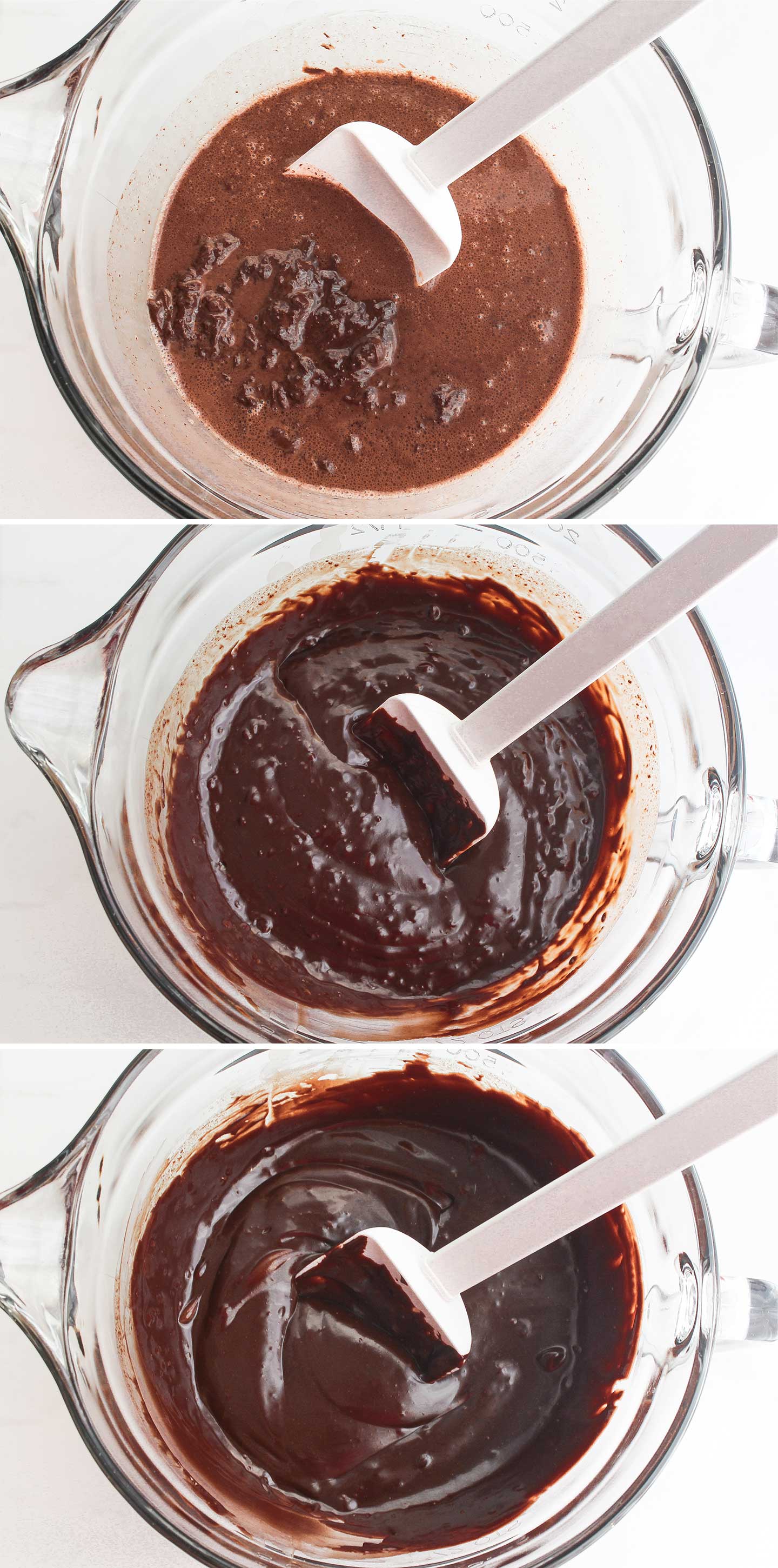 Collage of 3 photos showing how to make microwave fudge by gently warming the ingredients and then stirring patiently until all the chocolate is finally melted and smooth.
