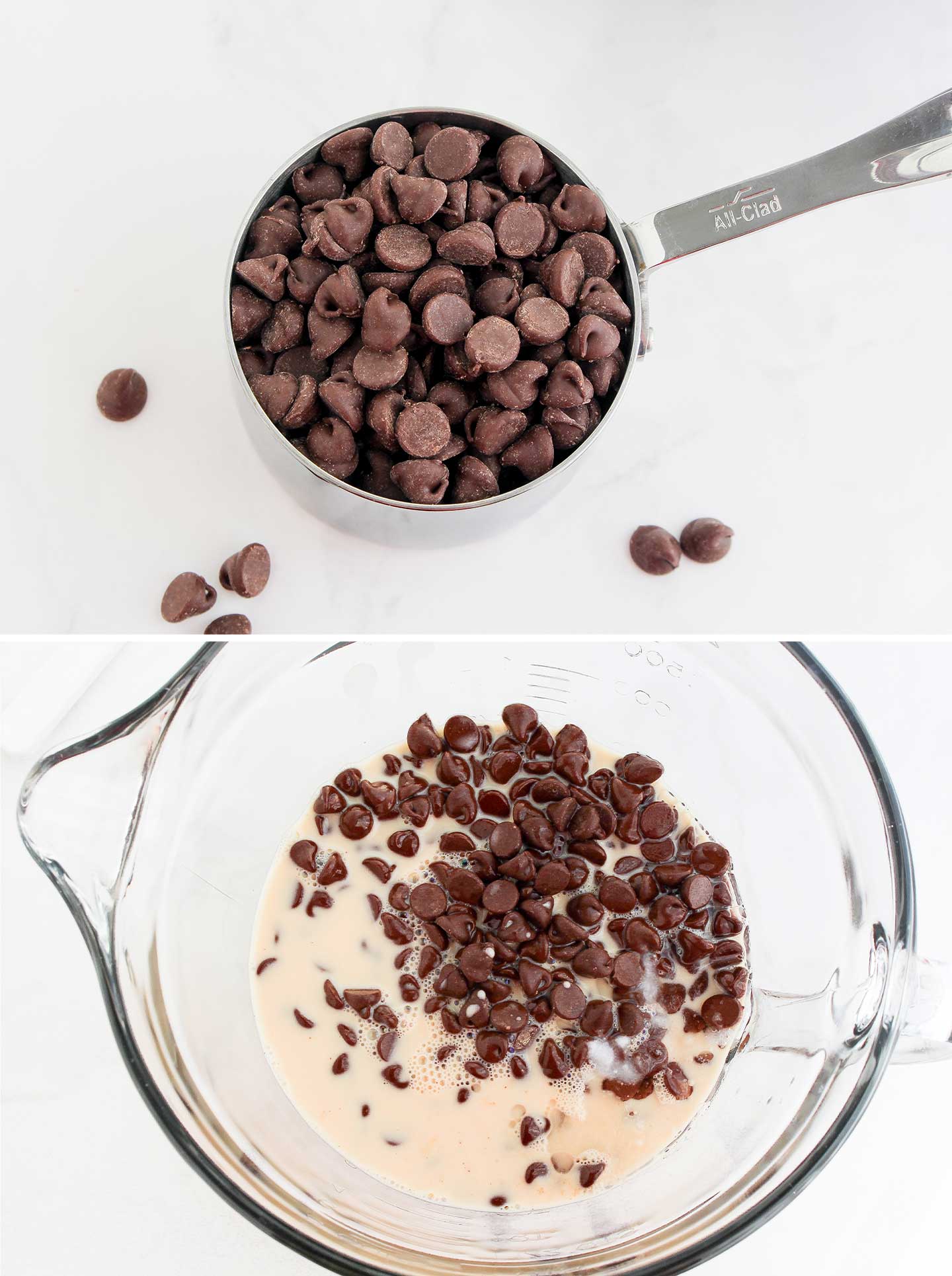 Collage of two photos showing how you begin to make this fudge without condensed milk, but instead with just chocolate chips, evaporated milk and coconut oil.
