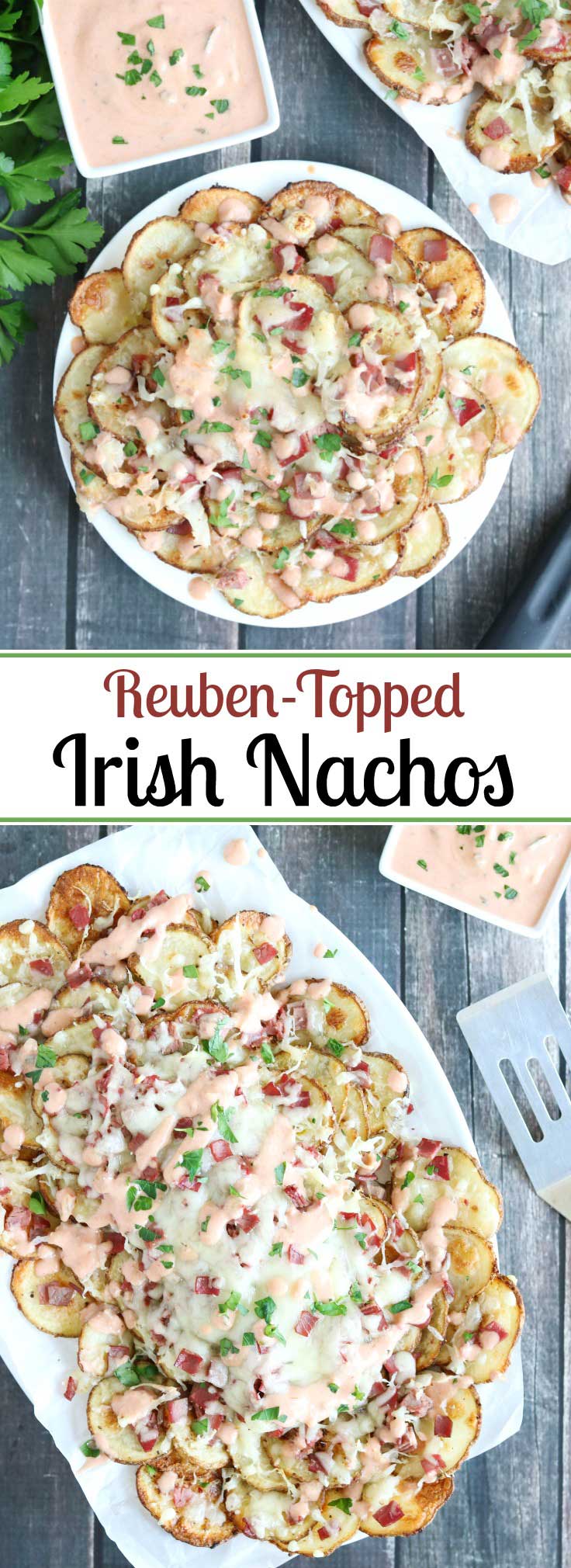 Collage of 2 photos with central text "Reuben-Topped Irish Nachos".