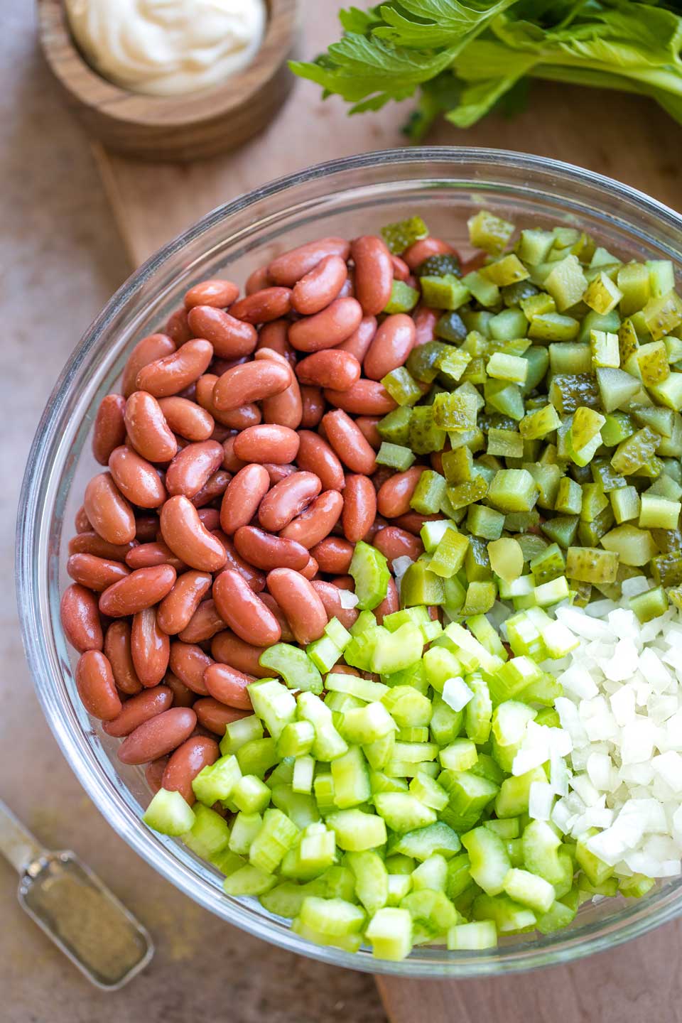Overhead of a clear glass mixing bowl with sections of chopped celery, onion, pickles and kidney beans, ready to be mixed together.