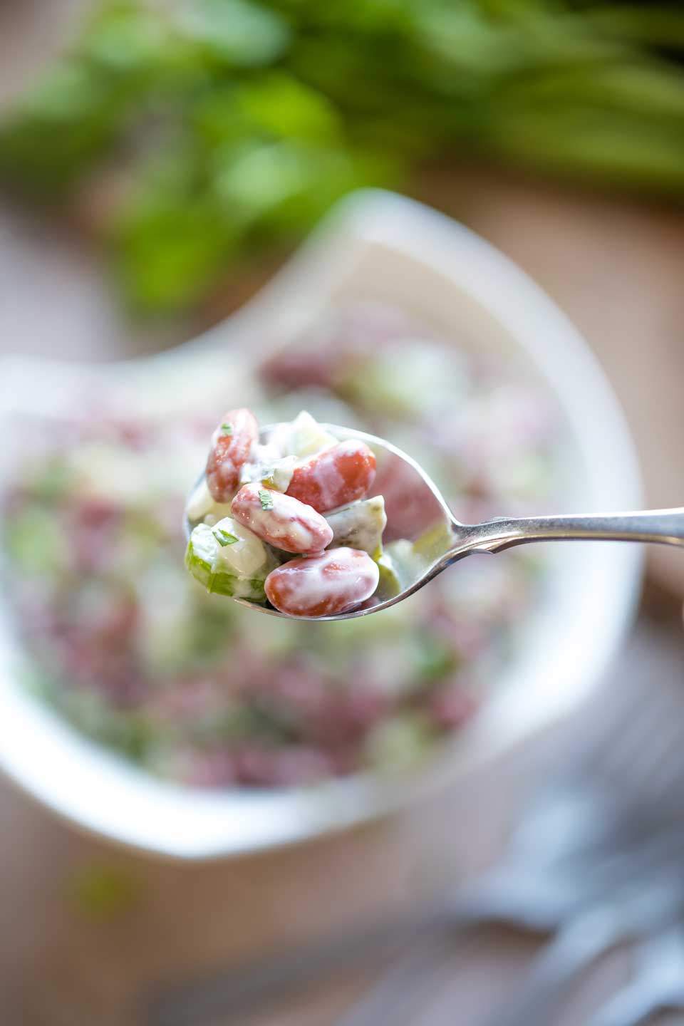 Closeup of a serving spoon holding a scoop of bean salad, with the rest of the serving bowl, some forks and celery stalks blurred out below.