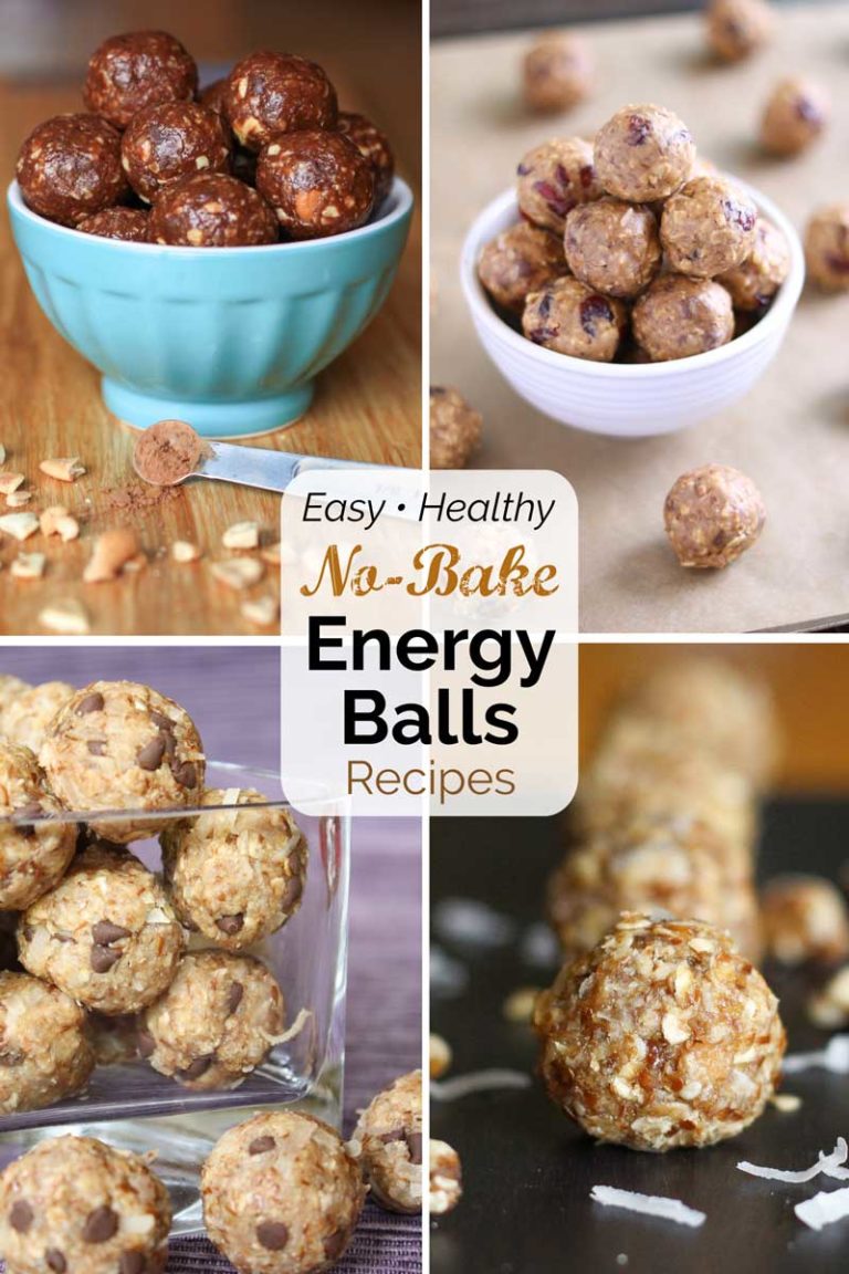 Pinnable collage of four recipe photos with text overlay reading "Easy • Healthy No-Bake Energy Balls Recipes".
