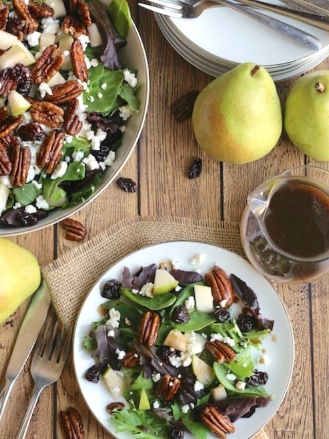 Salad with Goat Cheese, Pears, Candied Pecans and Maple-Balsamic Dressing Story