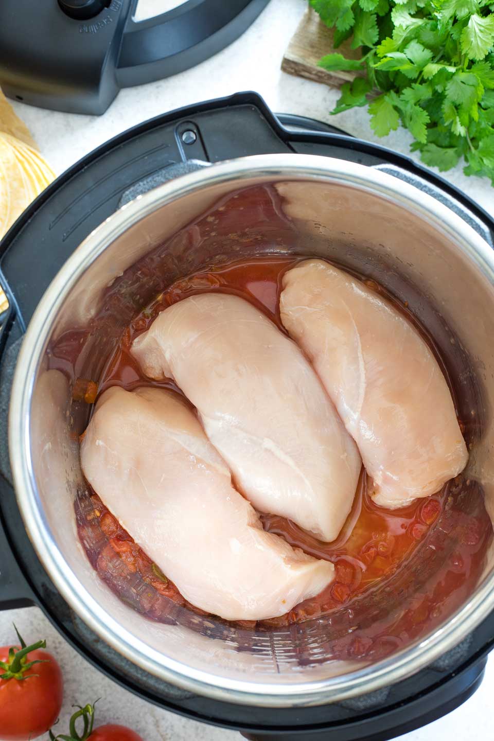 Overhead of 3 raw chicken breasts on top of a little salsa in Instant Pot.